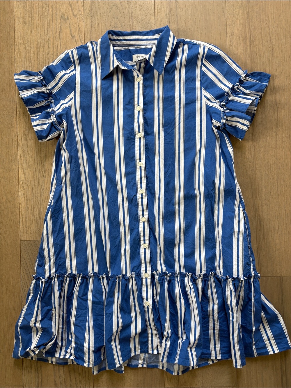 J. Crew Blue and White Vertical-Stripe Ruffle-Hem Shirt Dress